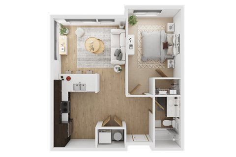 A top-down view of a small, neatly organized apartmenT  at Spyglass Hill Apartments, Bremerton, 98337